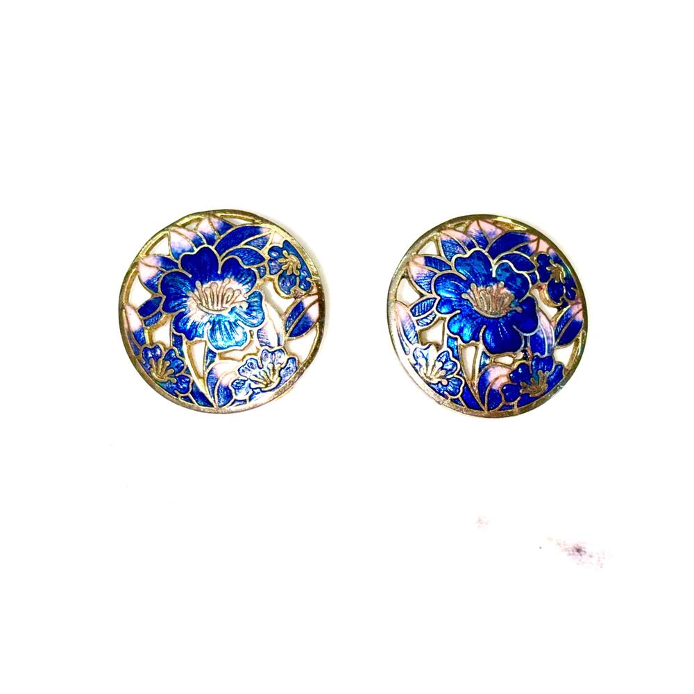 Gold Tone Blue Floral Enamel Cloisonné Post Earrings - Picture 6 of 7